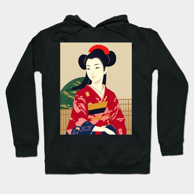 Ukiyo-e Japanese Art - Beautiful Woman Wearing a Red Kimono Hoodie by allovervintage